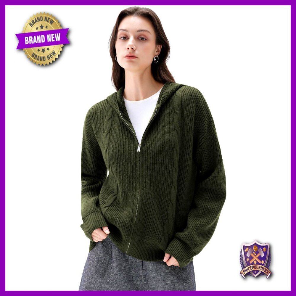 Chunky Knit Cashmere Blend Zip Hoodie Cardigan with Pockets Oversized Fit